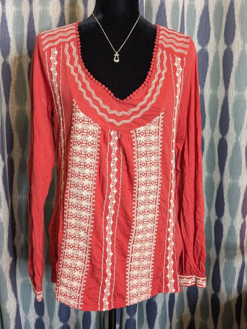 Lucky Brand Embroidered Boho Peasant Top Medium Coral Pink Long Sleeve